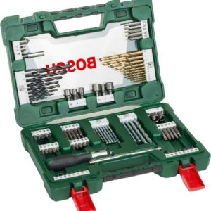 Bosch Maletín V-Line con 91 unidades para taladrar y atornillar (para madera, piedra y metal, con destornillador de carraca y barra imantada, accesorios para herramientas de perforación y atornillado)